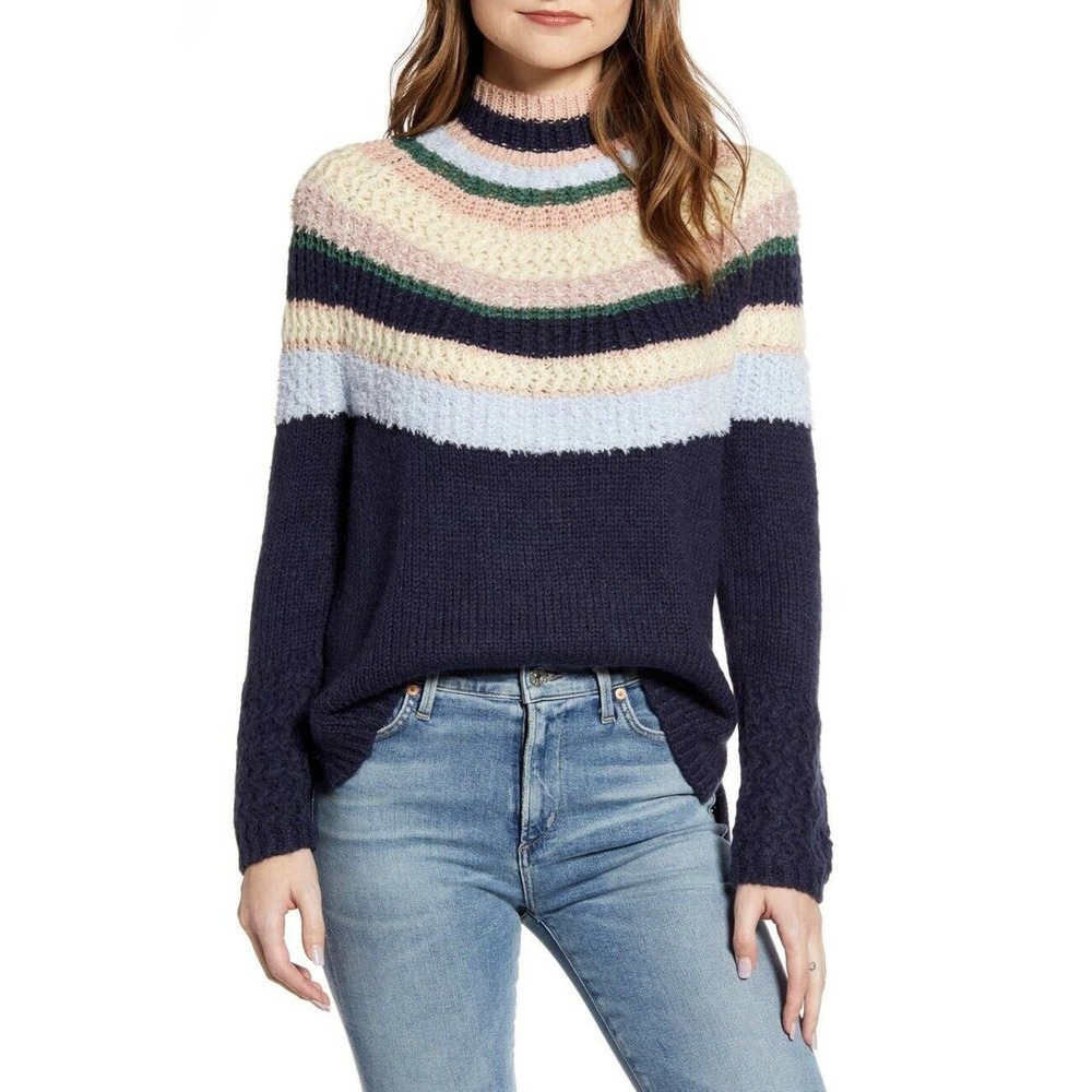 Caslon Stripe Mixed Knit Mock Neck Sweater Size XL